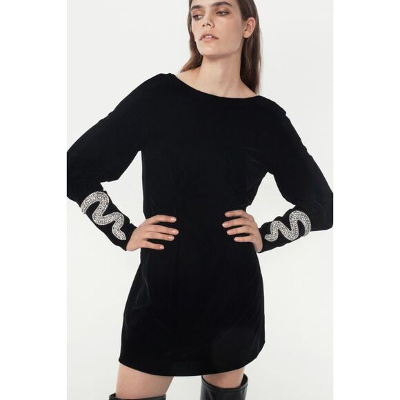 Zara Velvet Mini Dress S Black Open Back Embroidered - Picture 2 of 8